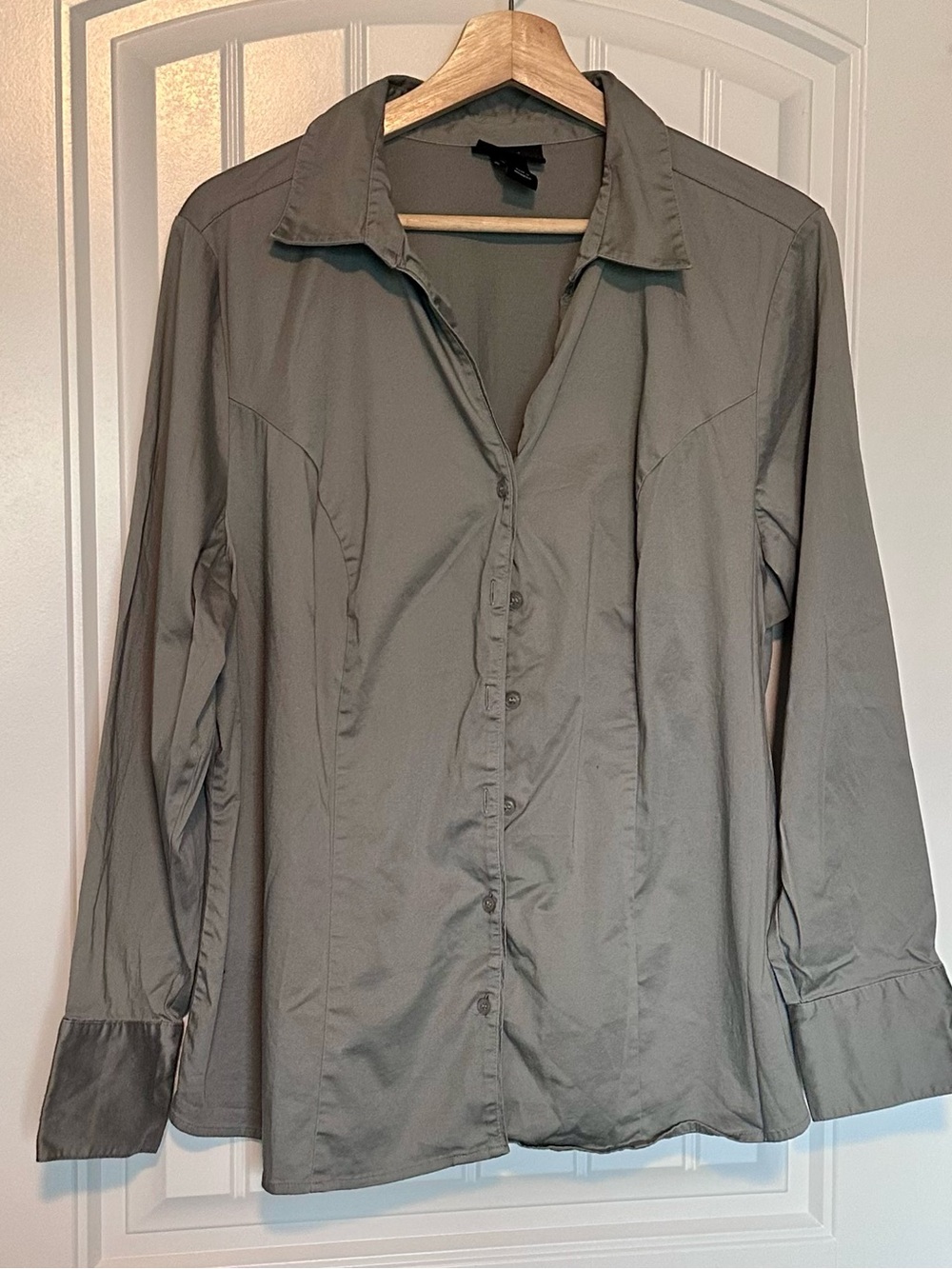 Lane Bryant Gray Stretch Button Front Career Blouse Long Sleeve